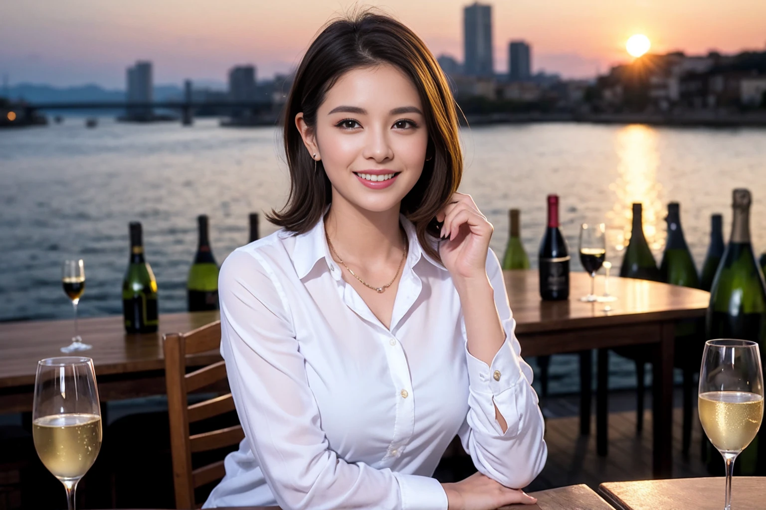 ((Highest quality、8K、masterpiece:1.3))、1 male、1 female、spouse、Beautiful couple、Smile、full-course dinner、 (Slim face), (the body is スリム), (Brown Hair), (Shortcuts), ((Bob Hale、Straight hair:1.2)), テーブルの上のwine glass、Shine light on your face、 Amazing view of the sunset sky and clouds、The beauty of a smile、Bright image、Blushing, Shortcuts, (Age 35), 39 years old, Appetizers、Italian food、Wine bottle、Champagne、sparkling wine、Long sleeve shirt、dress、Attractive beauty、restaurant, Nova Frog Style, actress, model, Upper Body, White wine, red wine, wine glass,