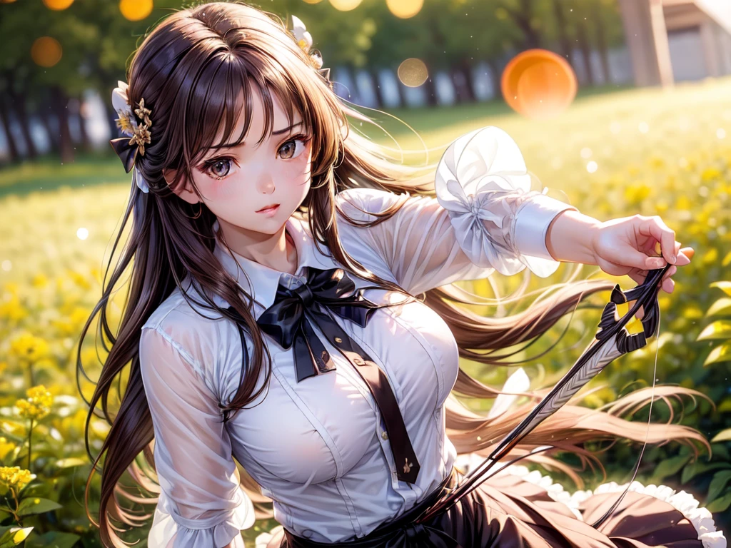 ((ung girl, brown long hair, brown eyes)), (best quality), (ultra-detailed), illustration, (detailed light), (an extremely delicate and beautiful), (serious:1.4) white shirt, black tie, brown skirt, ((readying a bow and arrow)), from above, (Beautiful large breasts:1.3), best quality, extremely detailed CG unified 8k wallpaper, High-definition raw color photos, professional photography, (((Bokeh))), In the forrest