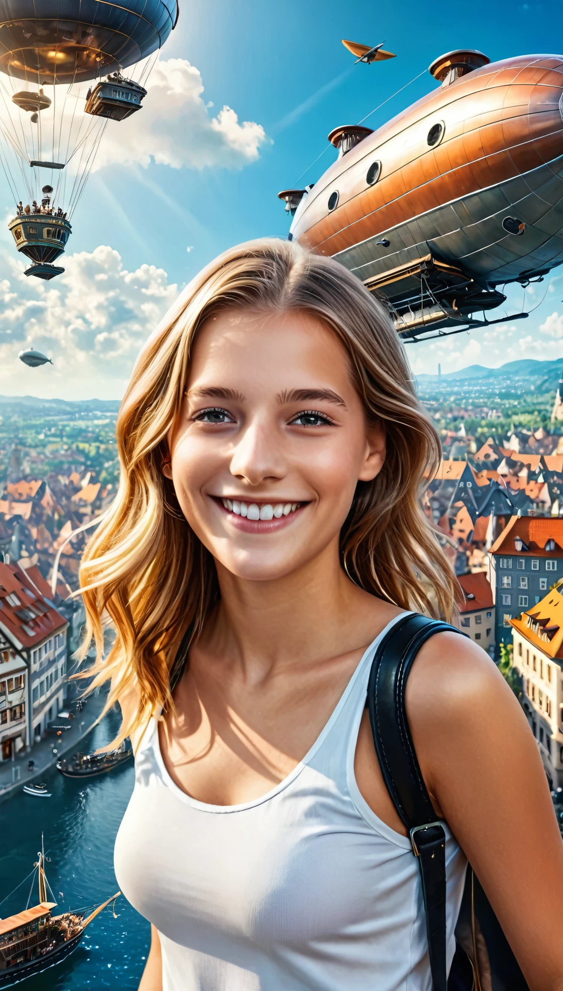 Many islands are floating in the air, A small airship is flying around, City, Fantasy, Extreme Detail, Realistic Light, A magnificent composition, (Intricate details), (Intricate Design, Super detailed :1.2), Art Station, (masterpiece, Highest quality), Ultra HD, 32K  (Close-up portrait of 16yo beautiful Half German girl is smiling at viewers:1.6)