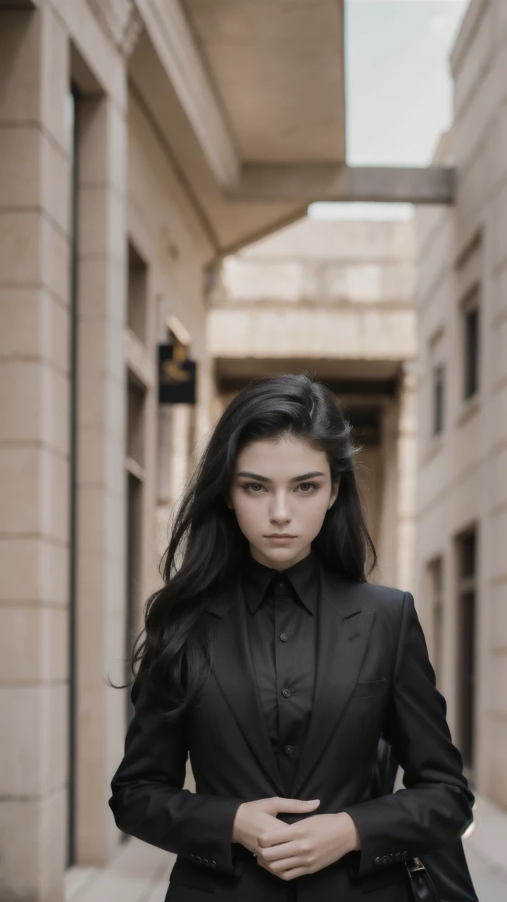 portrait of european girl,solo,20yo,beautiful face,uppser body,hair over one eye,medium sidecut, black hair, sharp focus,black business suit