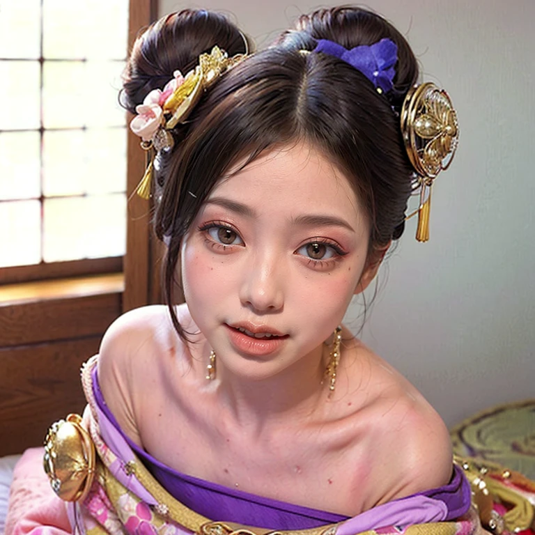 (PUNIPUNI clavicle KIMONO ((offshoulder)) KANZASHI FlowerHairpins Topknot TwinBun Oiran-Hair)High-level, 8K Masterpiece TopQuality, Ultra-detailed CG, Absurd detailed wallpaper, PerfectLighting, Extremely detailed (((Personifying " OIRAN " as a KAWAII Girl))), Characteristic Items, aesthetic LifeLike Rendering, MysticSight, Haze Tyndall Scattering, (Studio GRAY Background with (Oodles Dazzling Iridescent 🌈Particles (BokeH))), (((Assfocus)) RoundlyButt) ThighGap, (Exposed:0.44) 🔞 BREAK (Acutance:0.8), (NOGIZAKA FaceVariations) Extremely Detailed very KAWAII FaceVariations, Childish CaptivatingGaze ElaboratePupils ParfectEyes with (SparklingHighlights:1.28), (Voluminous LongEyelashes:0.88), 💄💋✨ GlossyRedLips with BeautifulDetails, CoquettishTongue, PUNIPUNI RosyCheeks, Radiant PearlSkin with Transparency, Glowing DowneyHair . { (Dynamic LifeLike expressions:1.4) | (:d) }, (large eyes:-1) .