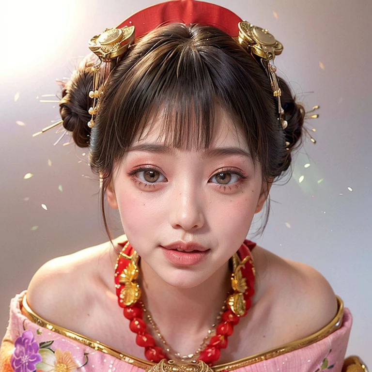 (PUNIPUNI clavicle KIMONO ((offshoulder)) KANZASHI FlowerHairpins Topknot TwinBun Oiran-Hair)High-level, 8K Masterpiece TopQuality, Ultra-detailed CG, Absurd detailed wallpaper, PerfectLighting, Extremely detailed (((Personifying " OIRAN " as a KAWAII Girl))), Characteristic Items, aesthetic LifeLike Rendering, MysticSight, Haze Tyndall Scattering, (Studio GRAY Background with (Oodles Dazzling Iridescent 🌈Particles (BokeH))), (((Assfocus)) RoundlyButt) ThighGap, (Exposed:0.44) 🔞 BREAK (Acutance:0.8), (NOGIZAKA FaceVariations) Extremely Detailed very KAWAII FaceVariations, Childish CaptivatingGaze ElaboratePupils ParfectEyes with (SparklingHighlights:1.28), (Voluminous LongEyelashes:0.88), 💄💋✨ GlossyRedLips with BeautifulDetails, CoquettishTongue, PUNIPUNI RosyCheeks, Radiant PearlSkin with Transparency, Glowing DowneyHair . { (Dynamic LifeLike expressions:1.4) | (:d) }, (large eyes:-1) .