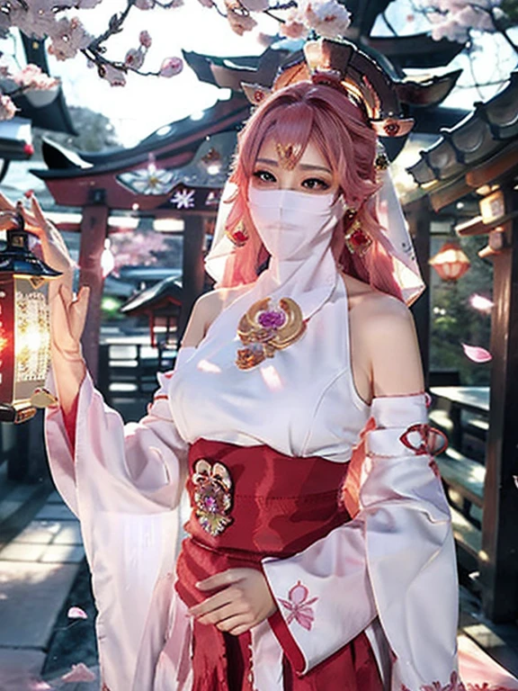 1girl, (ulzzang-6500:0.725), kpop idol, yae miko, detached sleeves, bare shoulders, pink hair, long hair, best quality, (photorealistic:1.2), (hair ornament:1.35), jewelry, purple eyes, earrings,, large breasts, torii, cherry blossoms, lantern light, depth of field, detailed face, face focus, (looking at viewer:1.25), shiny skin, long sleeves, wearing face veil, (white face veil, silk mask veil:1.3), game cg, thighhighs, hands on lips, east asian architecture, blurry background, full body, arms behind back