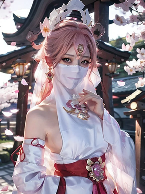 1girl, (ulzzang-6500:0.725), kpop idol, yae miko, detached sleeves, bare shoulders, pink hair, long hair, best quality, (photorealistic:1.2), (hair ornament:1.35), jewelry, purple eyes, earrings,, large breasts, torii, cherry blossoms, lantern light, depth of field, detailed face, face focus, (looking at viewer:1.25), shiny skin, long sleeves, wearing face veil, (white face veil, silk mask veil:1.3), game cg, thighhighs, hands on lips, east asian architecture, blurry background, full body, arms behind back