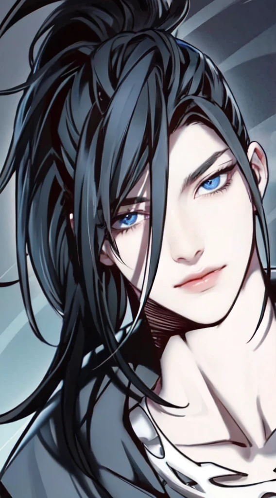 1man, perfect eye, perfect illumination,  black hair, dark blue eyes, unreal engine, sidelighting, detailed face, bangs, bright skin, simple background, dark background