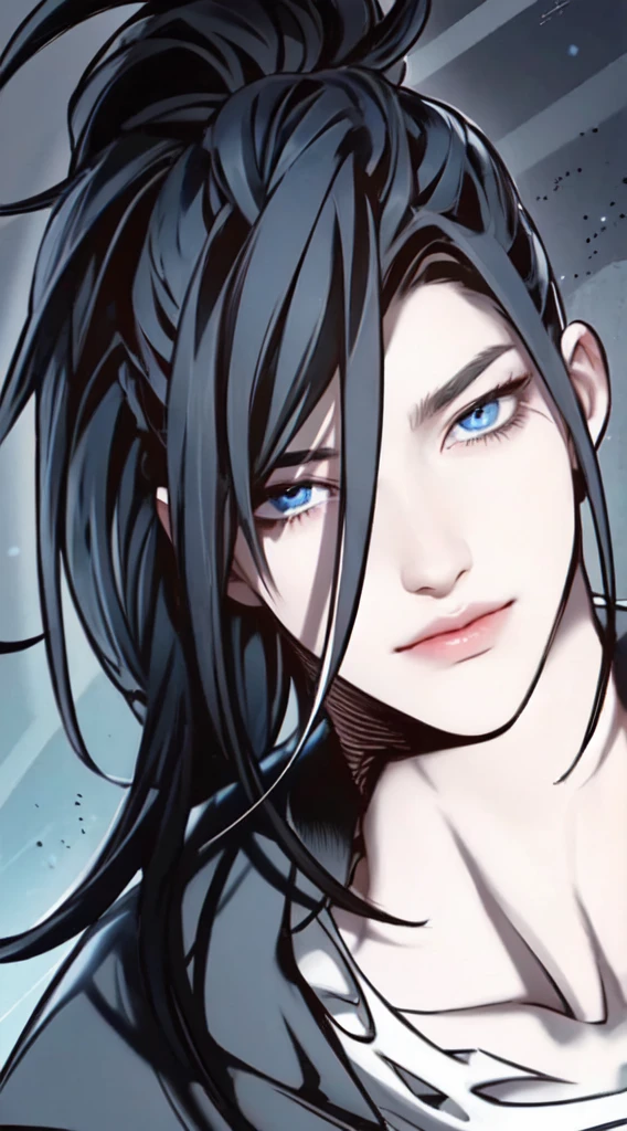 1man, perfect eye, perfect illumination,  black hair, dark blue eyes, unreal engine, sidelighting, detailed face, bangs, bright skin, simple background, dark background