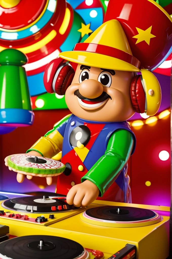 Imagine a hot dog in a 2D cartoon style with a festive DJ personality. This smiling hot dog is wearing huge shiny headphones, he has big expressive eyes that shine with disco lights. Your chef hat has been transformed into a bright and colorful party hat. Floating around them, instead of vinyl records, are salsa and ketchup records that spin like music. Imagine the lively and energetic scene of this hot dog DJ!