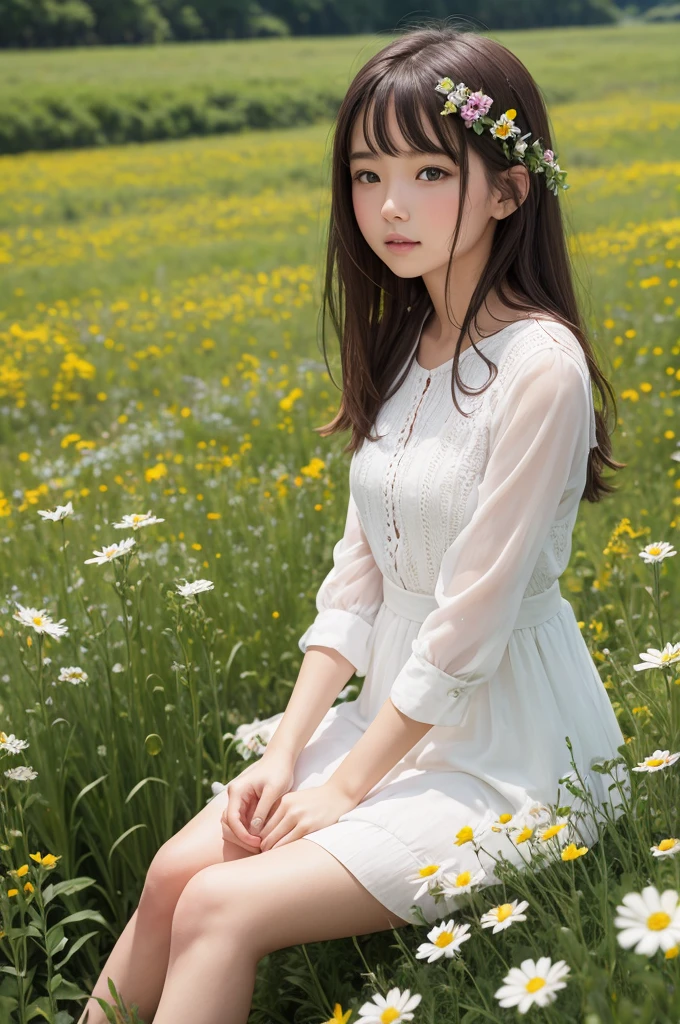 A girl sitting in a field of flowers 
