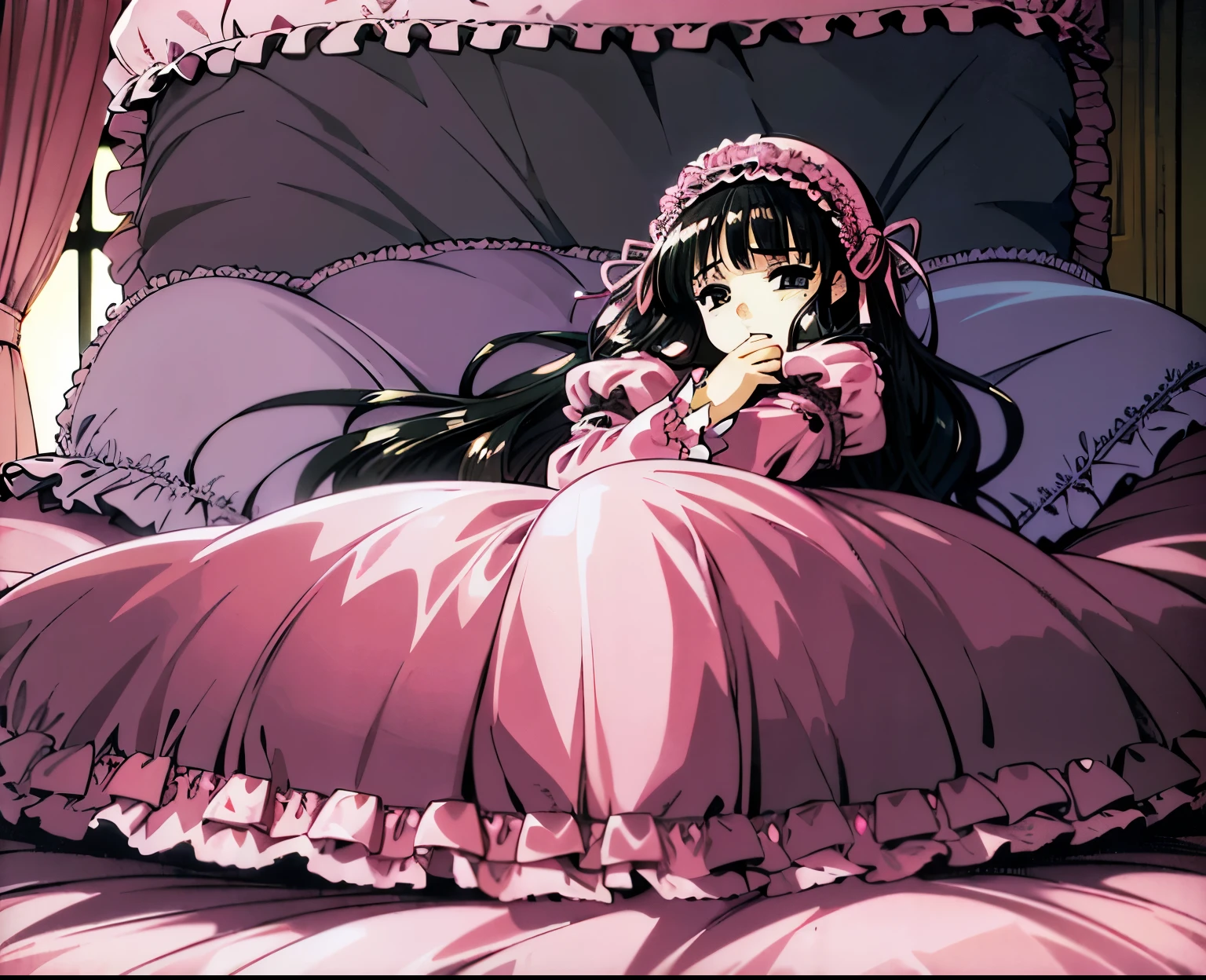 ,highest quality, masterpiece, highest resolution, artwork, super それにget used to it, many get used to it, get used to it, それにget used to it, 3K anime illustration,(( girl)),Super detailed baby face,hty small face,long black hair,Japanese,landmine girl,pajamas,,curly hair,((((Pink Lolita Fashion Long Skirt One Piece Dress)))),((Cute pink pajamas with lots of frills and ribbons)),((Luxurious pink headdress with frills and ribbons)),((((black ruffles and lace)))),detailed headdress,,(((big yoke collar))),Yoke collar with ruffles and ribbons,((((long sleeve)))),ruffle sleeves,((((long skirt)))),pink and black pillow with large ruffles and ribbons,(((Nice pink outfit))),On a luxurious canopy bed,canopy bed,The bed is surrounded by luxurious curtains,There are many pink and black frilly pillows on the bed.,Behind the girl are many pink and black frilly pillows...,super detailed background,detailed bed,((((pink duvet with black lace and ruffles)))),soft pink comforter,Highly detailed soft ruffle pillow,Beautiful girl illustration,detailed beautiful face,thin hair,detailed eye ,detailed eyes,detailed mouth, arm details,fine hands,Detailed pillow,wide bed,Illustration on the bed, ,((((round futon)))),((((A large pink futon that covers the entire bed)))),detailed comforter,detailed bedシーツ,Before bedtime,romantic atmosphere,palace bedroom,((((The lower body is hidden under a large futon....)))) The girl is leaning on a pile of pillows, ,((((round futon)))),((((Large pink ruffle comforter with black ruffles and lace covering the entire bed)))),look at me with contempt,Hold your hands,bring both hands close to the mouth,