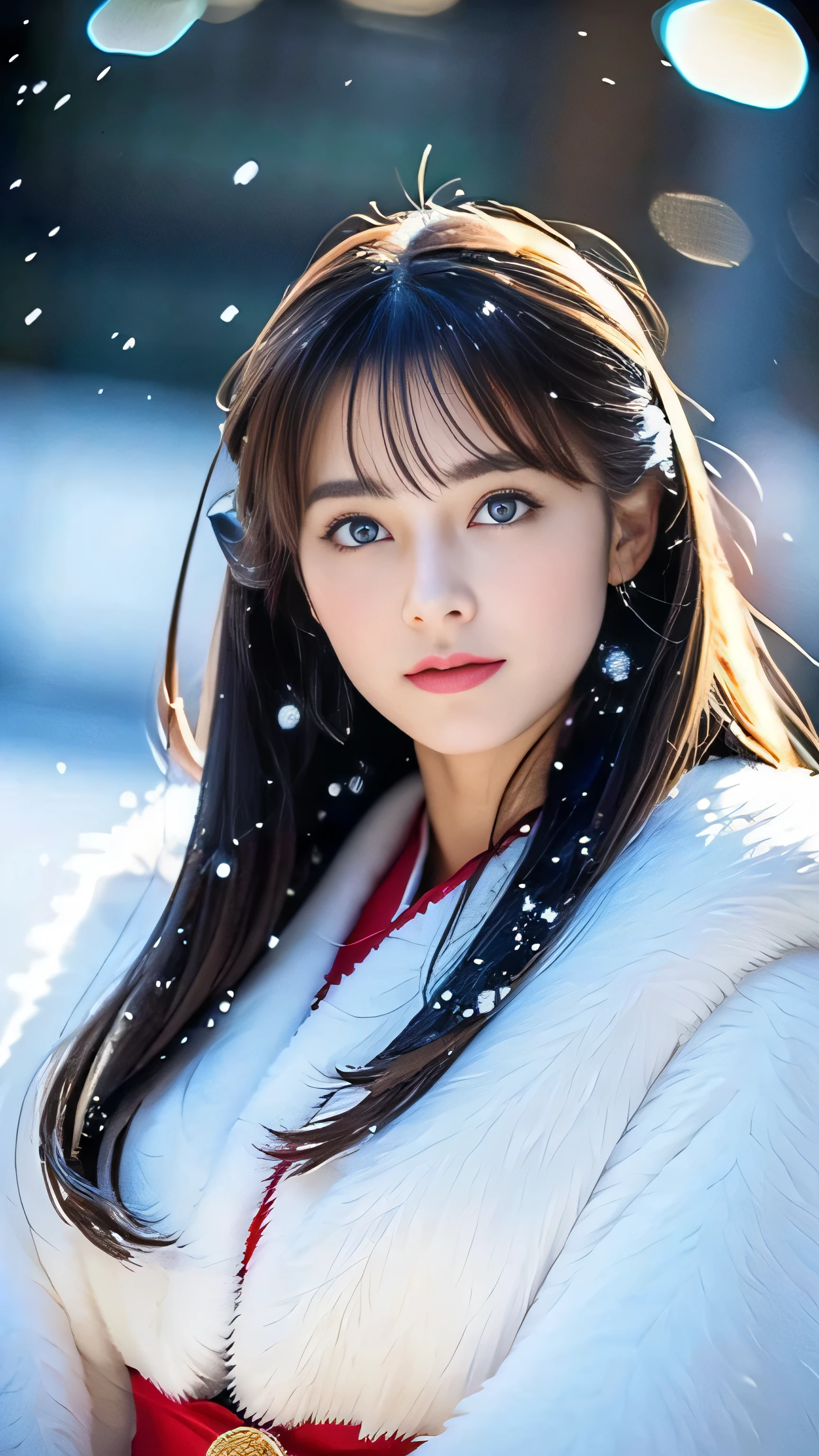 (highest quality, 8k, 32K，details are very clear),Realistic, High resolution, 1 Japanese Women, alone, (Lolita Costume)，Gorgeous costumes，Facing the audience，(Upper Body，Upper limbs)， Beautiful Eyes, brown hair, Ring-shaped eyes, (outside，Heavy snowfall，thick fur cape，Cover with snow)，Snowfield，blue eyes，highest qualityのイラスト，Detailed facial features