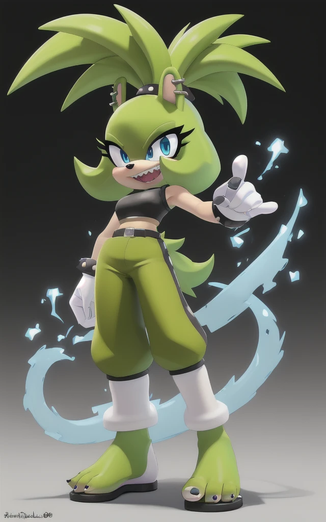 8k,4k,((Best quality, masterpiece, ultra high resolution)),((full body)), by pixelsketcher, SurgeV2,blue eyes, furry,furry female, sharp teeth, animal nose, green hair, ponytail, animal ears, green skin,  spiked hair,gloves,white gloves,crop top, black crop top,sweatpants, yellow sweatpants,earrings, piercing, ((Bare feet visible)),((Black nails)) belt, ear piercing, rings,((white background)),standing, hands on hip