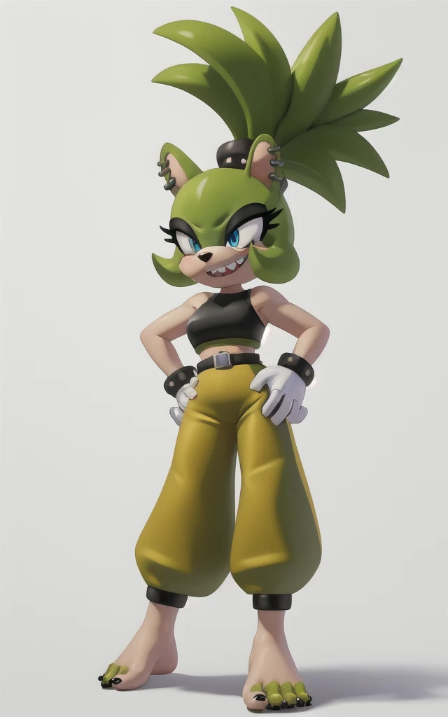 8k,4k,((Best quality, masterpiece, ultra high resolution)),((full body)), by pixelsketcher, SurgeV2,blue eyes, furry,furry female, sharp teeth, animal nose, green hair, ponytail, animal ears, green skin,  spiked hair,gloves,white gloves,crop top, black crop top,sweatpants, yellow sweatpants,earrings, piercing, ((Bare feet visible)),((Black nails)) belt, ear piercing, rings,((white background)),standing, hands on hip