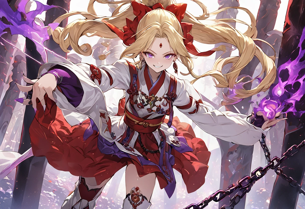 dark persona, Leading a ritual, pillars of purple fire, gripping sword in hand, masterpiece, best quality, ultra-detailed, illustration, beautiful detailed eyes, kusakabe maron, kaitou jeanne, long hair, evil smile, black cloth, purple eyes, boots, blonde hair, bow, ribbon, hair ribbon, ponytail, earrings, red ribbon, red bow, drill hair, high ponytail, purple obi, chains, yin yang, earring, pierces, forehead accessory, beautiful art, high res, perfect face, detailed outfit,