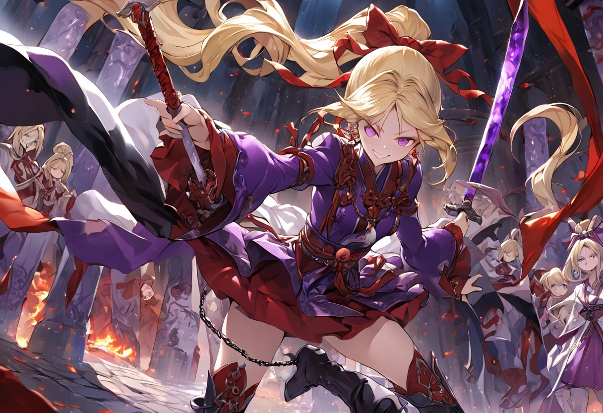 dark persona, Leading a ritual, pillars of purple fire, gripping sword in hand, masterpiece, best quality, ultra-detailed, illustration, beautiful detailed eyes, kusakabe maron, kaitou jeanne, long hair, evil smile, black cloth, purple eyes, boots, blonde hair, bow, ribbon, hair ribbon, ponytail, earrings, red ribbon, red bow, drill hair, high ponytail, purple obi, chains, yin yang, earring, pierces, forehead accessory, beautiful art, high res, perfect face, detailed outfit,