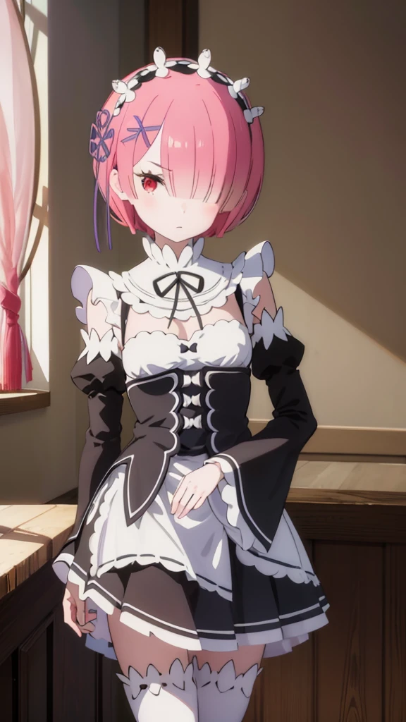 masterpiece, best quality, high resolution, best illustration, super fine illustration, (official art:0.8), (anime screencap:0.9), detailed beautiful face and eyes, anime keyvisual, (perfect anatomy:1.1), ultra detailed, 8k portrait,
1girl,
ram,
ram \(re:zero\),
short hair,
pink hair,
(red eyes:1.2), (beatiful detailed eyes:1.2),
maid headdress, ribbon, x hair ornament,
medium breasts,
maid uniform, frilled apron, detached black sleeves, white tights, cold Shoulder,
looking at viewer,
cowboy shot,
natural light, background of indoor,