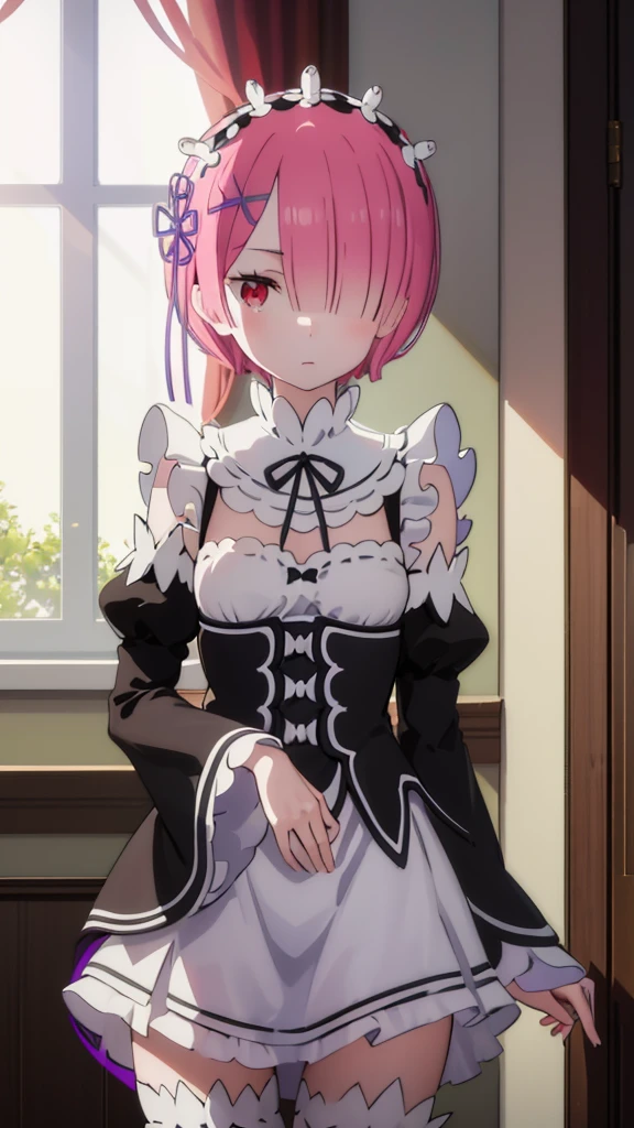 masterpiece, best quality, high resolution, best illustration, super fine illustration, (official art:0.8), (anime screencap:0.9), detailed beautiful face and eyes, anime keyvisual, (perfect anatomy:1.1), ultra detailed, 8k portrait, 
1girl,
ram, 
ram \(re:zero\),
short hair, 
pink hair, 
(red eyes:1.2), (beatiful detailed eyes:1.2), 
maid headdress,  ribbon, x hair ornament, 
medium breasts, 
maid uniform, frilled apron, detached black sleeves, white tights, cold Shoulder, 
looking at viewer, 
cowboy shot, 
natural light, background of indoor, 