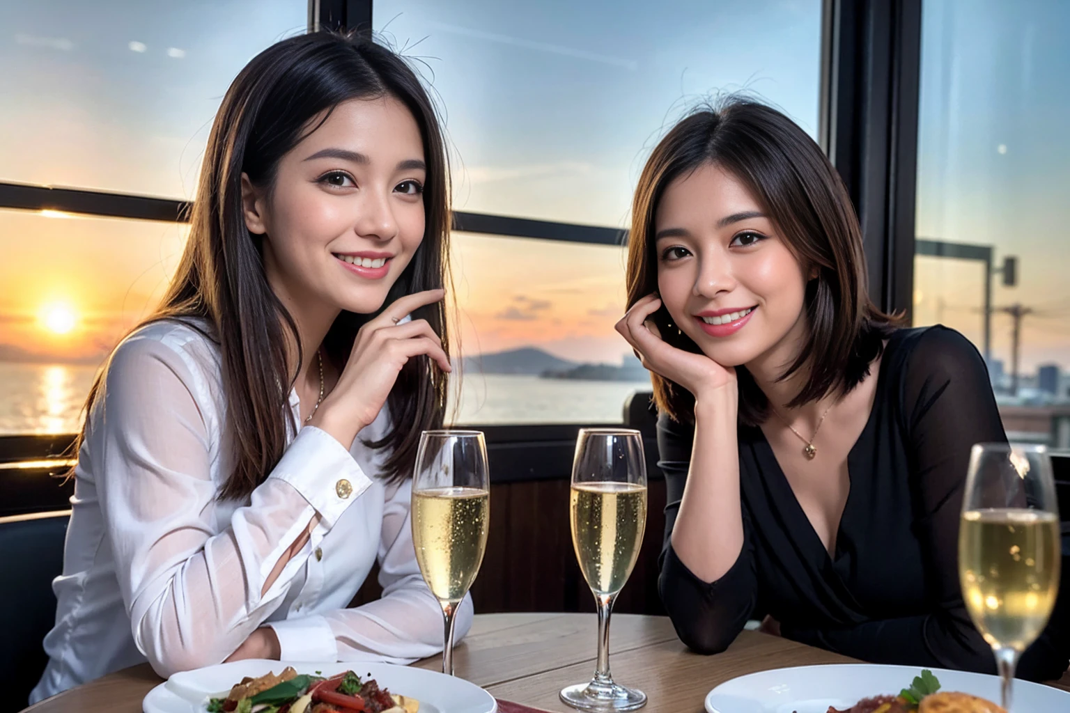 ((Highest quality、8K、masterpiece:1.3))、1 male 1 female、lover、Beautiful couple、Happy smile、full-course dinner、 (Slim face), (the body is スリム), (Brown Hair), (Shortcuts), ((Bob Hale、Straight hair:1.2)), テーブルの上のwine glass、Put the light on your face、 Amazing view of the sunset sky and clouds、The beauty of a smile、Bright image、Blushing, Shortcuts, (Age 35), 39 years old, Appetizers、Italian food、Wine bottle、Champagne、sparkling wine、Long sleeve shirt、dress、Attractive beauty、restaurant, Nova Frog Style, actress, model, Upper Body, White wine, red wine, wine glass, 