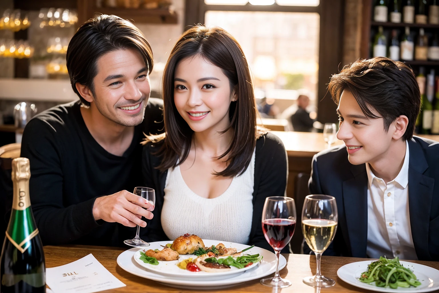 ((Highest quality、8K、masterpiece:1.3))、1 male 1 female、lover、Beautiful couple、Happy smile、full-course dinner、 (Slim face), (the body is スリム), (Brown Hair), (Shortcuts), ((Bob Hale、Straight hair:1.2)), テーブルの上のwine glass、Put the light on your face、 Amazing view of the sunset sky and clouds、The beauty of a smile、Bright image、Blushing, Shortcuts, (Age 35), 39 years old, Appetizers、Italian food、Wine bottle、Champagne、sparkling wine、Long sleeve shirt、dress、Attractive beauty、restaurant, Nova Frog Style, actress, model, Upper Body, White wine, red wine, wine glass, 