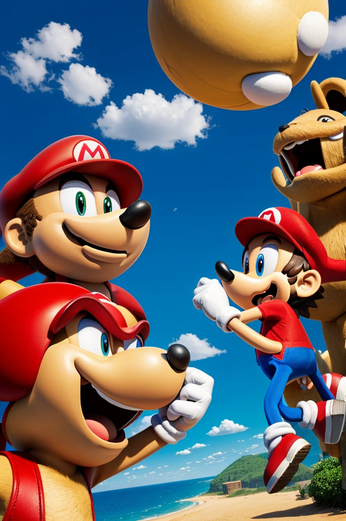 Sonic fighting Mario on a giant capybara 