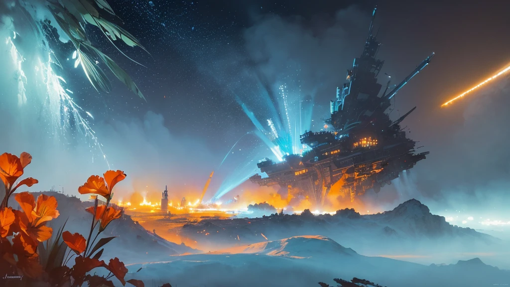 32k, Masterpiece, Highest quality, One girl, Detailed eyes, flower,gladiolus, Light blue and orange style,A dreamy, romantic piece,Pale yellow, Mysterious Leaves,A playful arrangement,Fantasy,High Contrast,Ink strokes,explosion,Exposure, Impression of light blue and orange tones,Abstract,((Watercolours by John Berkey and Jeremy Mann )) Brush strokes,Negative Space, Tyndall effect,