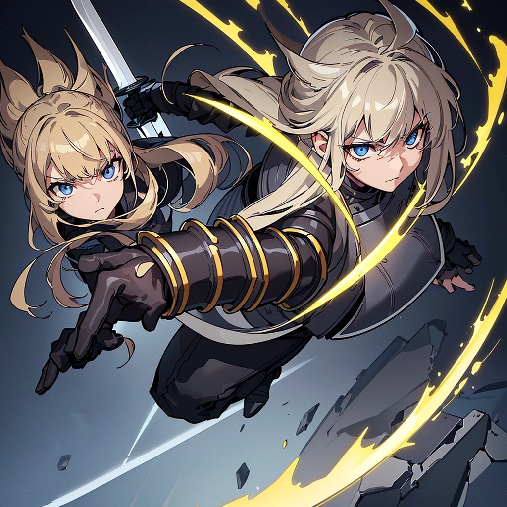 (((Solo)))、Highest quality, Best Quality、8K、Best illustrations、(Full body character concept、detailed)、(((Gray simple armor、Black trousers、Black gloves))、(woman、18-year-old)、(Blonde、Long Hair)、(((Grab the sword)))、(Glowing light background)、(Fighting stance,)、Dramatic Angle、(Blue and yellow aura)、(From above at an angle)