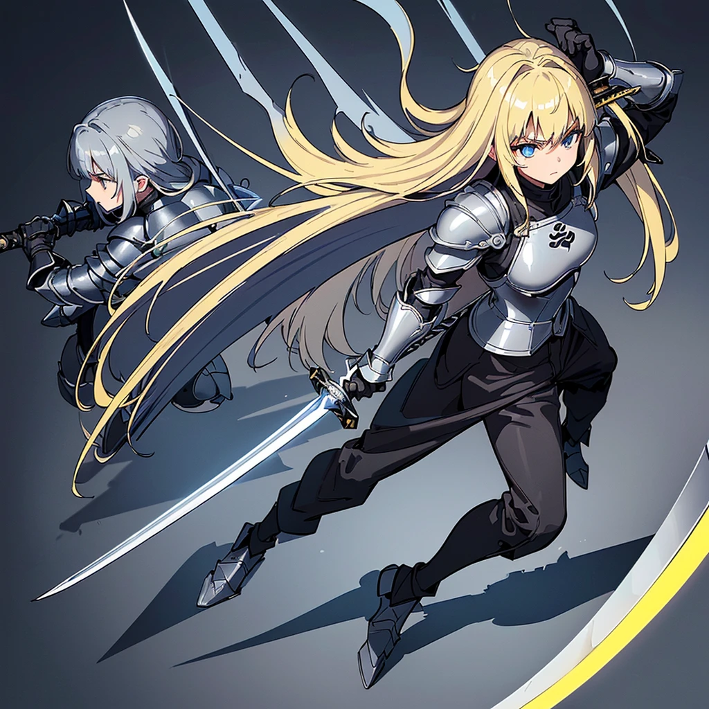 (((Solo)))、Highest quality, Best Quality、8K、Best illustrations、(Full body character concept、detailed)、(((Gray simple armor、Black trousers、Black gloves))、(woman、18-year-old)、(Blonde、Long Hair)、(((Grab the sword)))、(Glowing light background)、(Fighting stance,)、Dramatic Angle、(Blue and yellow aura)、(From above at an angle)