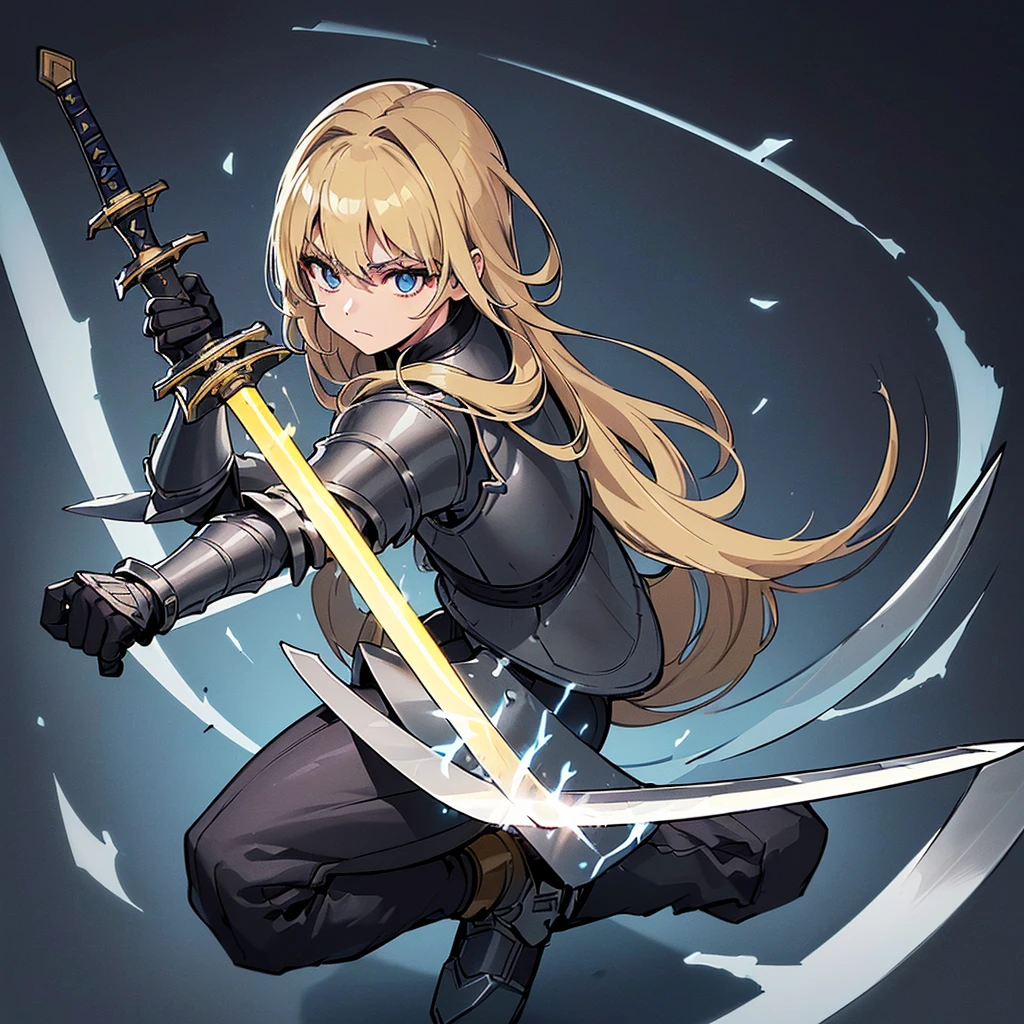 (((Solo)))、Highest quality, Best Quality、8K、Best illustrations、(Full body character concept、detailed)、(((Gray simple armor、Black trousers、Black gloves))、(woman、18-year-old)、(Blonde、Long Hair)、(((Grab the sword)))、(Glowing light background)、(Fighting stance,)、Dramatic Angle、(Blue and yellow aura)、(From above at an angle)