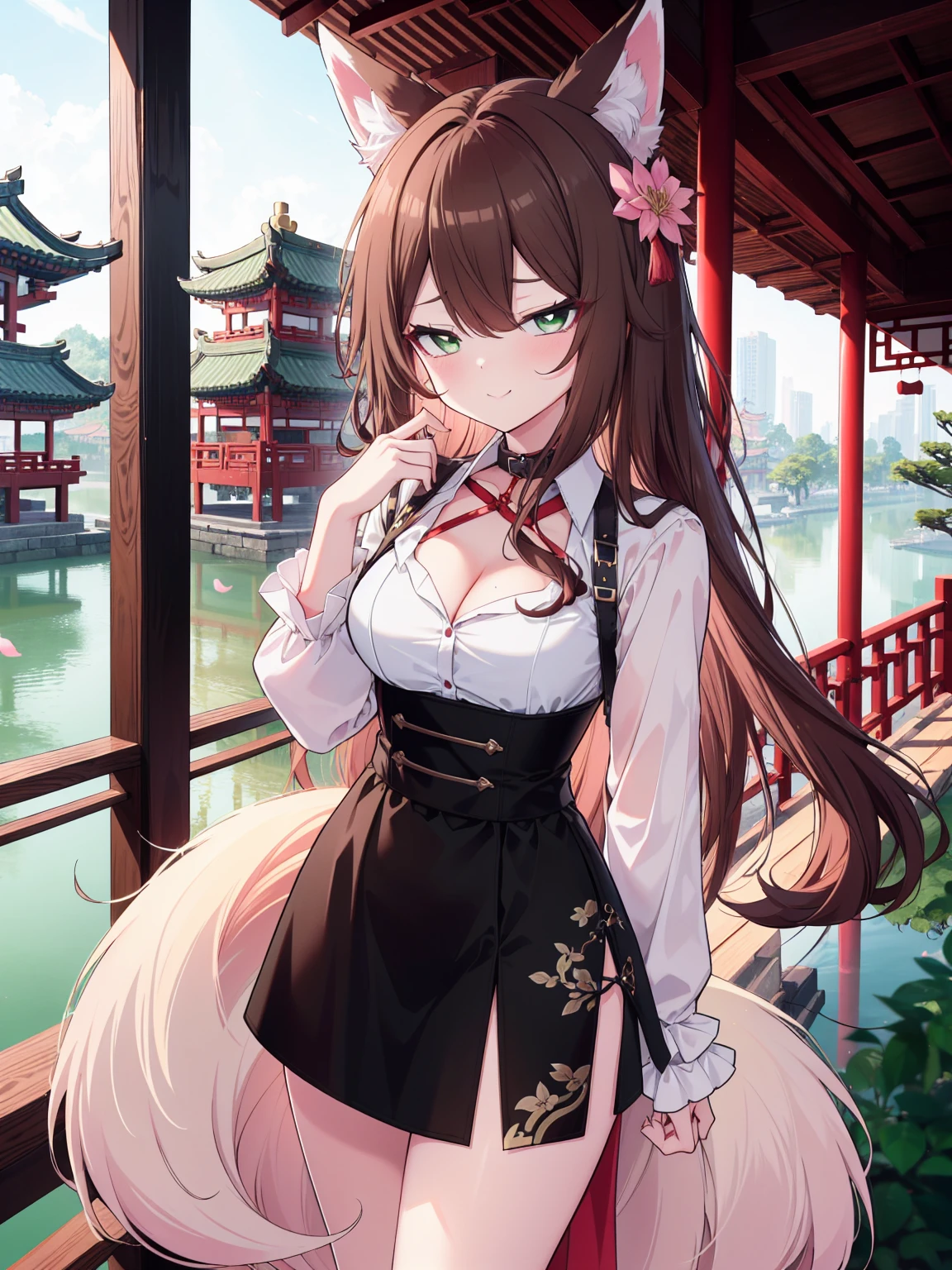 (cowboy shot), (colorful:1.1), glowing, (ultra-high resolution, depth of field:1.2), (Tingyun), (Honkai Star Rail:1.1), solo, fox ears, (brown hair), long brown hair with a hint of green, green eyes, red underliner, (white fox tails with a hint of pink), four fox tails, fluffy tails, medium breasts, (long dress), (long black dress) (waist cincher:1.2), (crossed collar shirt), cleavage, bare legs, smile, (squinting), Chinese garden scenery