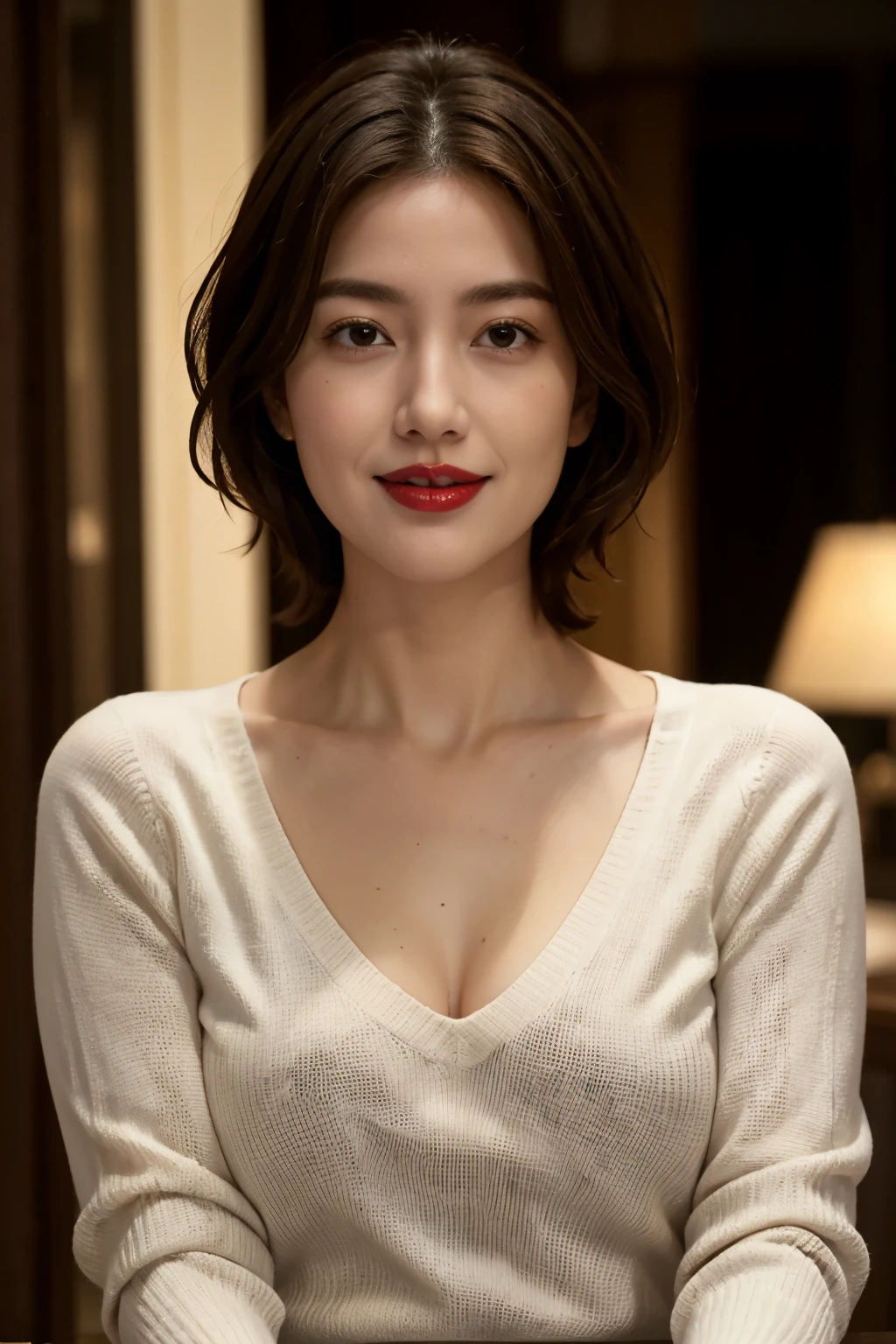 Tabletop, Highest quality, Realistic, Very detailed, finely, High resolution, 8k wallpaper, RAW Photos, Professional, High level of detail, 1 Girl, (((Red lips))), A little chubby, ((Looking into the camera)), (look forward to), Plain background, Upper Body, short hair, Bob Hair, (Straight hair), Shapely breasts, Cleavage, Light-colored V-neck light knit sweater