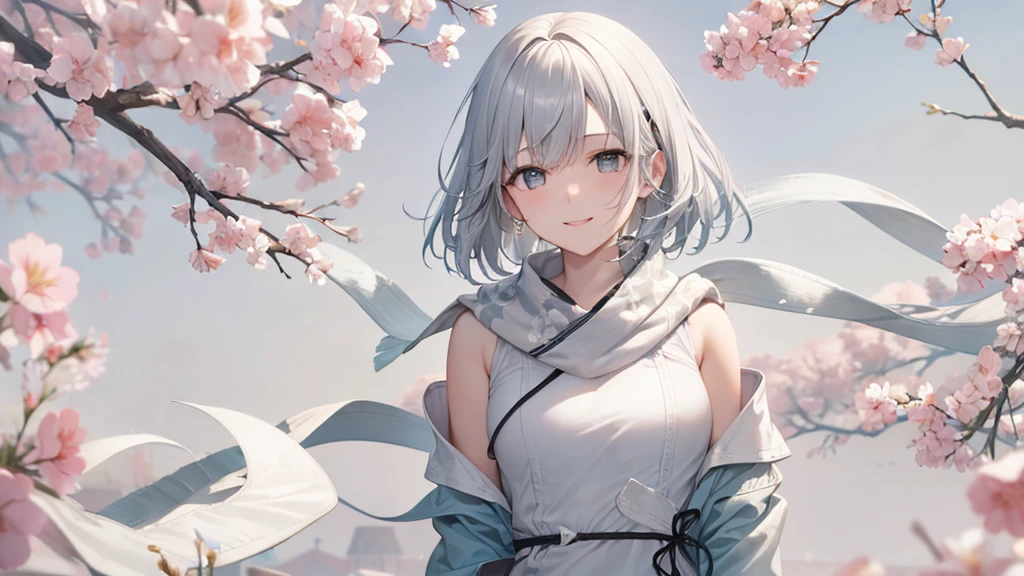 Her eyes were shining、Mysterious and enchanting atmosphere。With AI Painting、とてもShort Hair, Long bangs between the eyes, Very detailed,(masterpiece、Highest quality)、alone、Gray Hair、Fantasy, Silver Hair, Fantasyな風景、White shirt、smile、Open your mouth、Scarf、short hair、Short Hair、hairpin、black eye、Grey Eyes、Beautiful Eyes