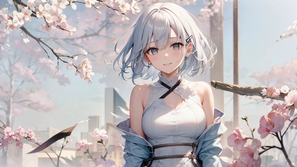 Her eyes were shining、Mysterious and enchanting atmosphere。With AI Painting、とてもShort Hair, Long bangs between the eyes, Very detailed,(masterpiece、Highest quality)、alone、Gray Hair、Fantasy, Silver Hair, Fantasyな風景、White shirt、smile、Open your mouth、Scarf、short hair、Short Hair、hairpin、black eye、Grey Eyes、Beautiful Eyes