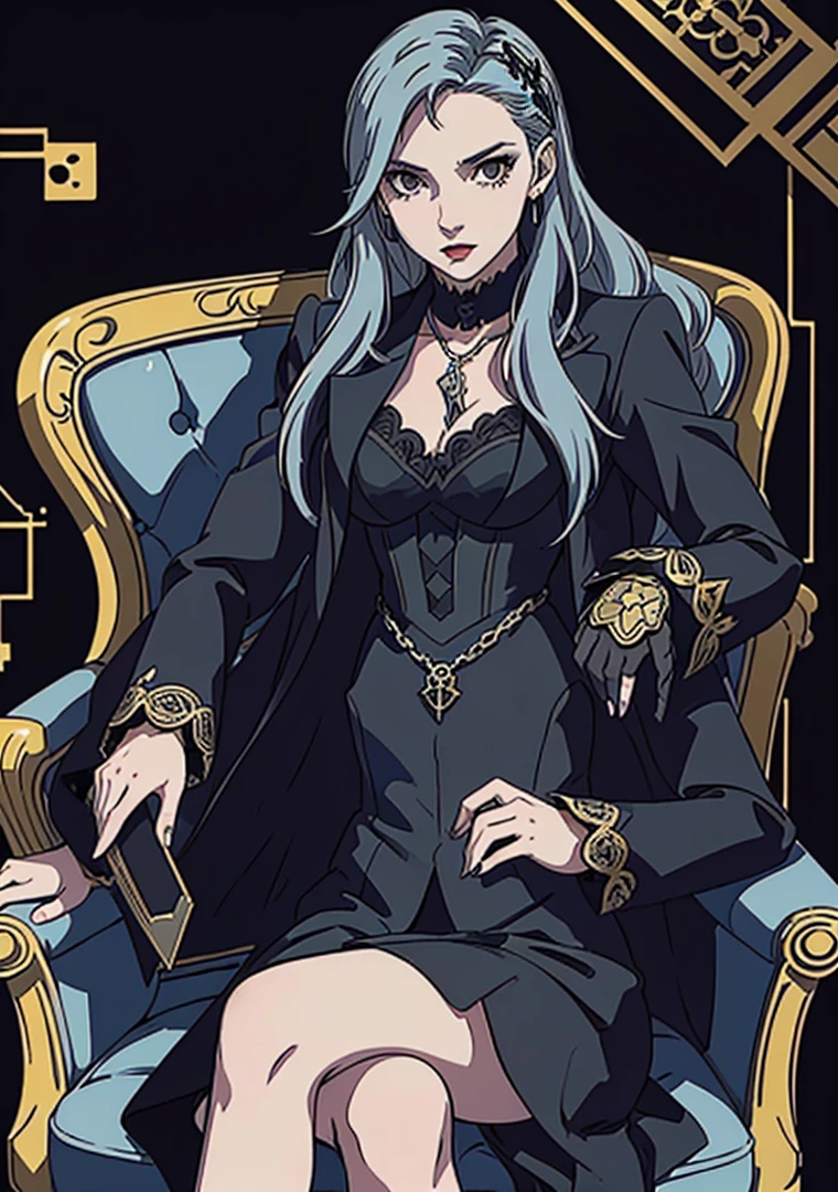 pollux | Alchemy Stars, Sae Niijima | Persona 5, 1girl, legs crossed, holding cane, white hair, long hair, yellow eyes, V-neck Prom Dress, bloodborne style, sitting on chair. intricate, grim-hatter, the madhatter, dishonored style, rococo cyberpunk, victorian vampire, inspired victorian sci - fi, zerochan art, inspired by J. J. Grandville,