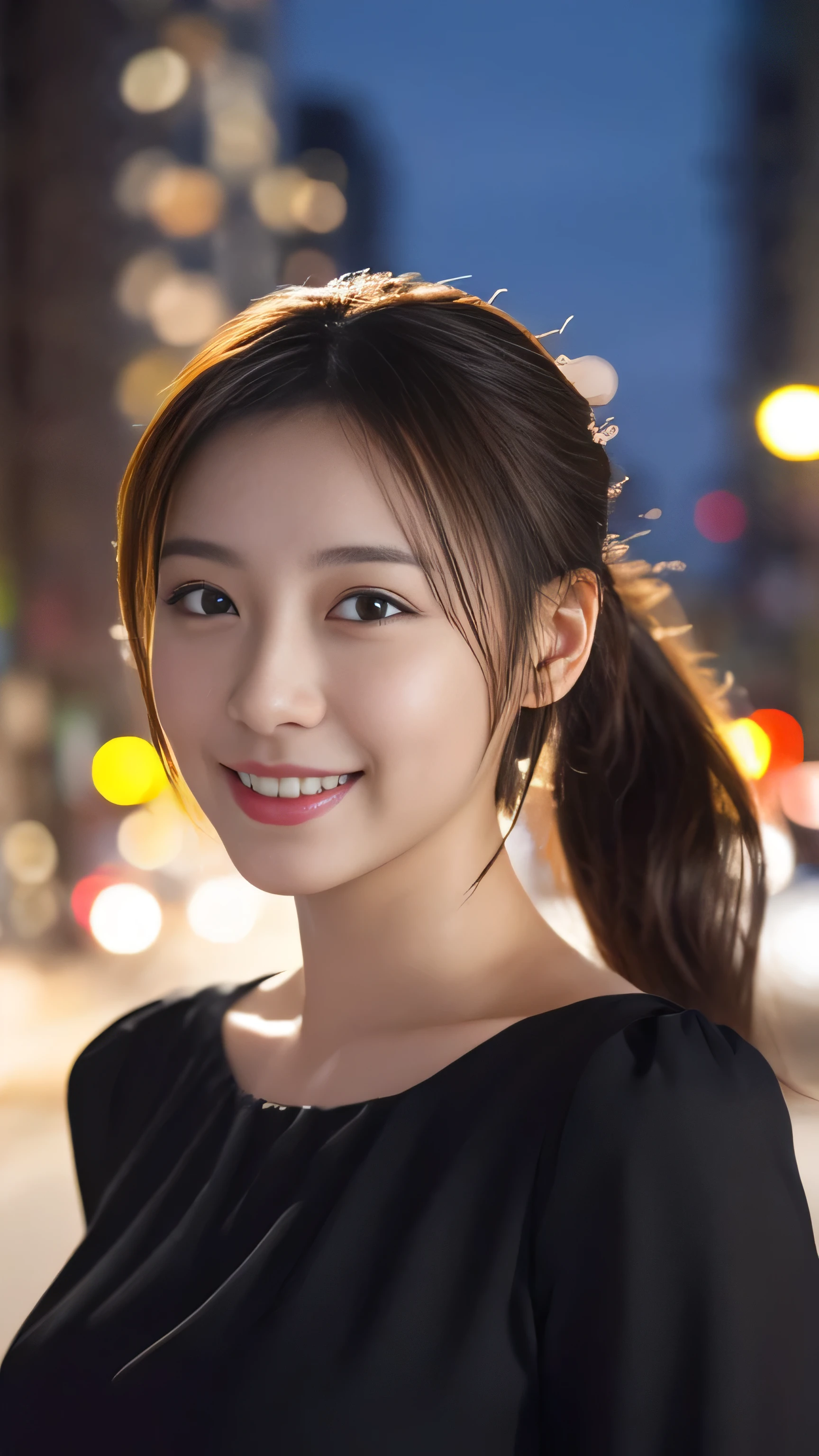 1 girl, (Wearing a black blouse:1.2), Beautiful Japanese actresses, (ponytail:1.3),
(RAW Photos, highest quality), (Realistic, Photorealistic:1.4), masterpiece, 
Very delicate and beautiful, Very detailed, 2k wallpaper, wonderful, 
finely, Very detailed CG Unity 8K wallpaper, Very detailed, High resolution, 
Soft Light, Beautiful detailed girl, Very detailed目と顔, Beautiful and detailed nose, Beautiful and detailed, Cinema Lighting, 
BREAK
(Snowy night cityscape as background 1.3), City lights, 
Perfect Anatomy, Slender body, smile, Face the front completely, Looking at the camera