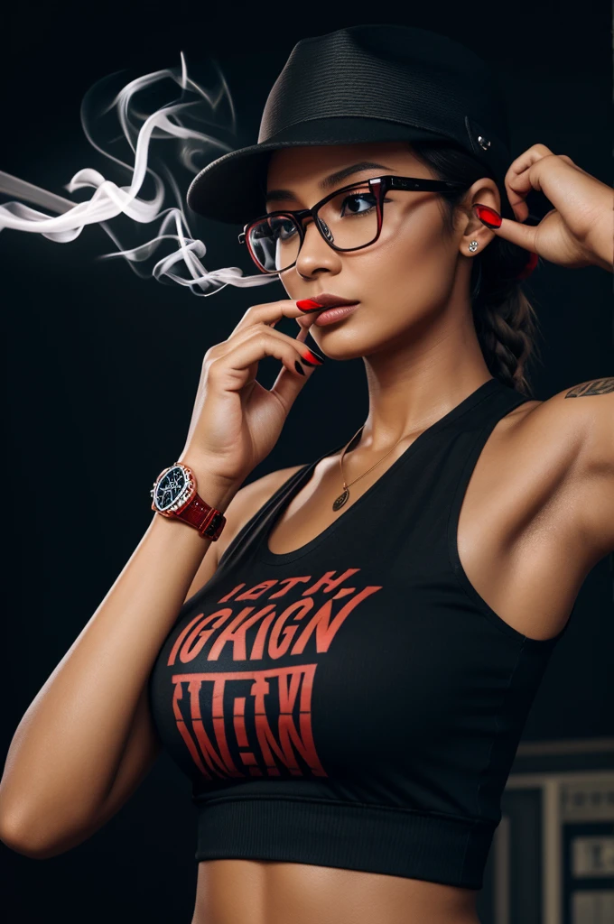 3D image of a beautiful woman wearing a hat holding a cellphone with glasses, hair tied, red nails wearing a watch, smoking, arms and chest with a tattoo that says "mBak'put", dark night background, the image looks real.