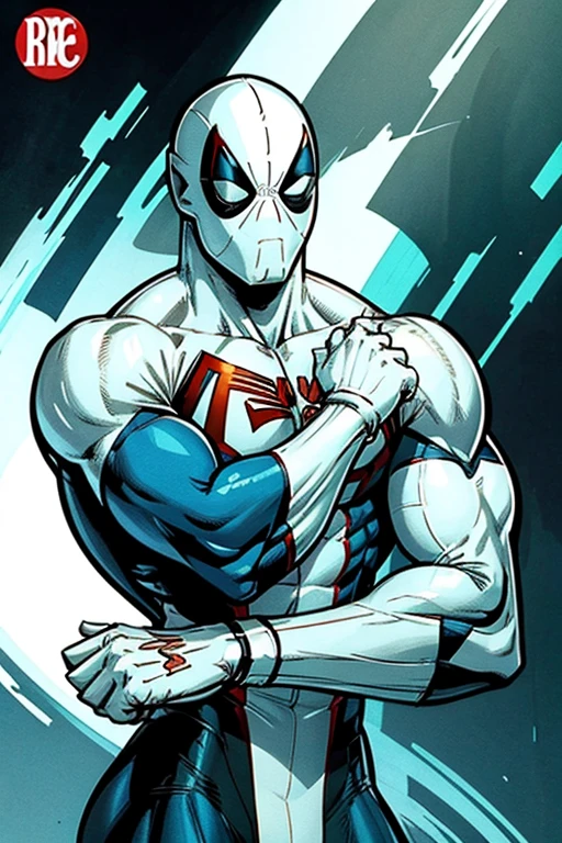 Comic book style, muscular, white Spiderman suit with  blue and green accents.