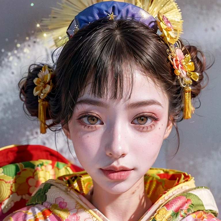 (PUNIPUNI clavicle KIMONO ((offshoulder)) KANZASHI FlowerHairpins Topknot TwinBun Oiran-Hair)High-level, 8K Masterpiece TopQuality, Ultra-detailed CG, Absurd detailed wallpaper, PerfectLighting, Extremely detailed (((Personifying " OIRAN " as a KAWAII Girl))), Characteristic Items, aesthetic LifeLike Rendering, MysticSight, Haze Tyndall Scattering, (Studio GRAY Background with (Oodles Dazzling Iridescent 🌈Particles (BokeH))), (((Assfocus)) RoundlyButt) ThighGap, (Exposed:0.44) 🔞 BREAK (Acutance:0.8), (NOGIZAKA FaceVariations) Extremely Detailed very KAWAII FaceVariations, Childish CaptivatingGaze ElaboratePupils ParfectEyes with (SparklingHighlights:1.28), (Voluminous LongEyelashes:0.88), 💄💋✨ GlossyRedLips with BeautifulDetails, CoquettishTongue, PUNIPUNI RosyCheeks, Radiant PearlSkin with Transparency, Glowing DowneyHair . { (Dynamic LifeLike expressions:1.4) | (:d) }, (large eyes:-1) .