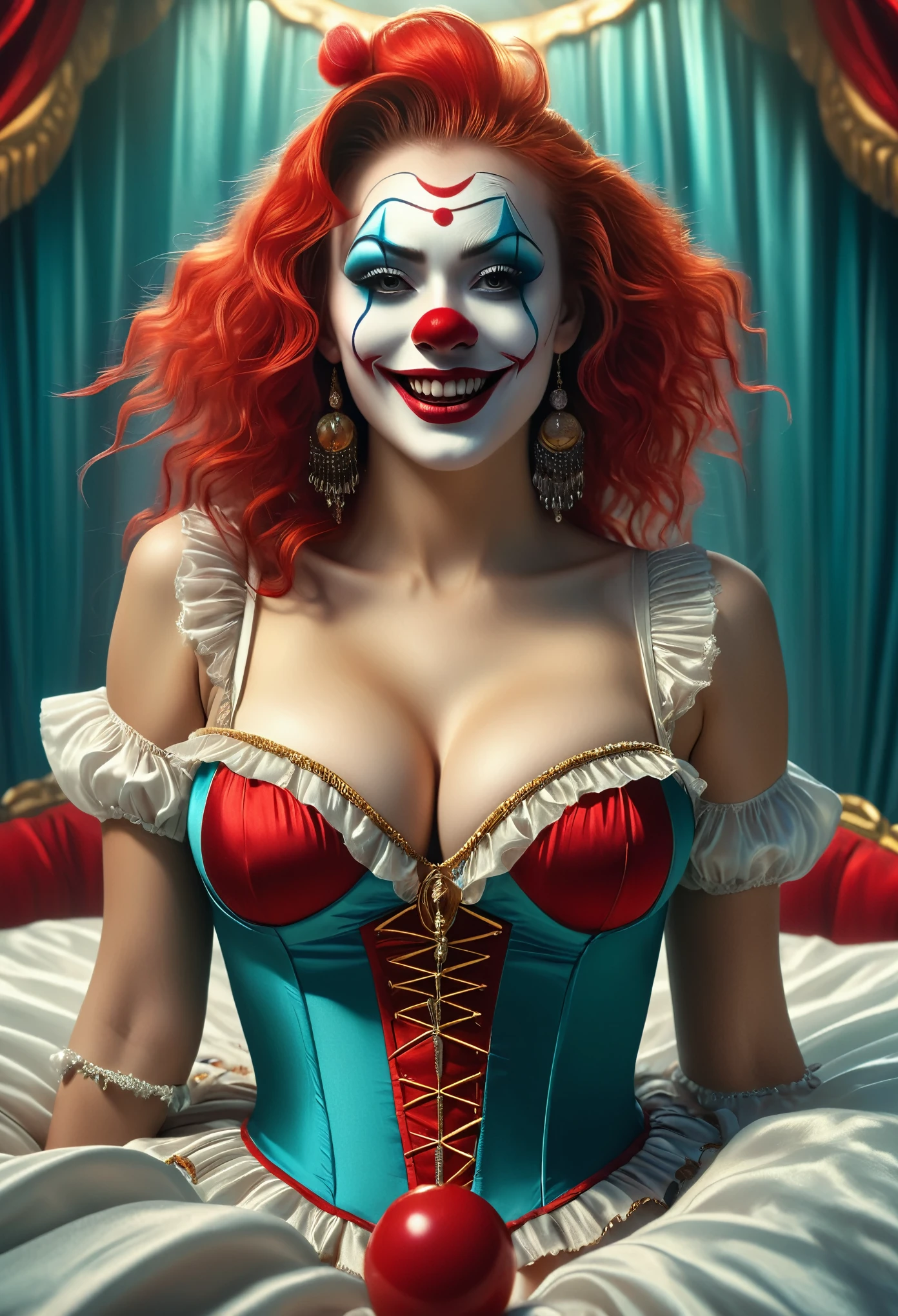 (masterpiece, 8K, UHD, RAW), a sexy girl kissing a evil clown in bed, (((a beautiful young woman riding on top of one huge horrific circus clown with a red nose))), (she rides the male Clown with lustful femininity), her beautiful body is covered by a sheer translucent white tunic with Art Nouveau embroidery, big sexy perky breasts, her pristine delicate features contrasts with the horrendous menacing fangs of the corrupted male clown, full body vibrant illustrations, intricately sculpted, realistic hyper-detailed portraits, queencore, depicts real life, the scene happens in a luxurious Art Nouveau boudoir with studio illumination, red and teal silk satin, Sexy smile,