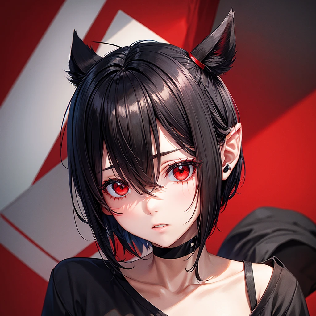 Short black bob, canvas ears, black shirt, Red eyes