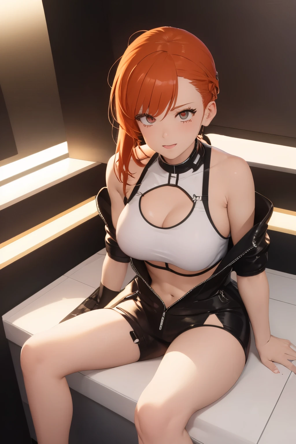 Draw a manga style character with a physical appearance with this shape of orange hair with black highlights, tied in two ponytails shaped like jaws, In the bath, pink eyes, bright, and expressive and with a slim and athletic build..., Upper Body Outfit White leather jacket with cyberpunk details, such as integrated LED lights or futuristic lines, Lower Body sporty bikini in orange, White, and black colors, fusing with cyberpunk style while allowing movement for physical activities, Personality Creative and curious Always looking for new experiences and forms of expression..., Her creative mind drives her to constantly explore new ideas and concepts., long hair length, Masturbation behavior, jets, pee, Pussy juice, Pussy, clitoris, public, They are standing, open torn t-shirt, lots of fluids, ahegao expretion