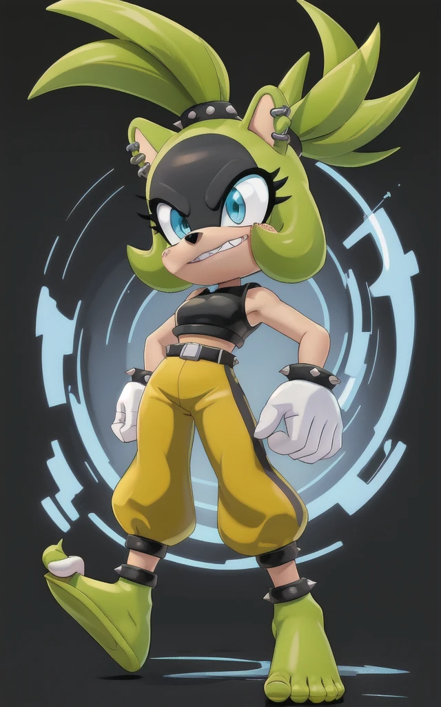 8k,4k,((Best quality, masterpiece, ultra high resolution)),((full body)), by pixelsketcher, SurgeV2,blue eyes, furry,furry female, sharp teeth, animal nose, green hair, ponytail, animal ears, green skin,  spiked hair,gloves,white gloves,crop top, black crop top,sweatpants, yellow sweatpants,earrings, piercing, ((Bare feet visible)),((Black nails)) belt, ear piercing, rings,((white background)),standing, hands on hip