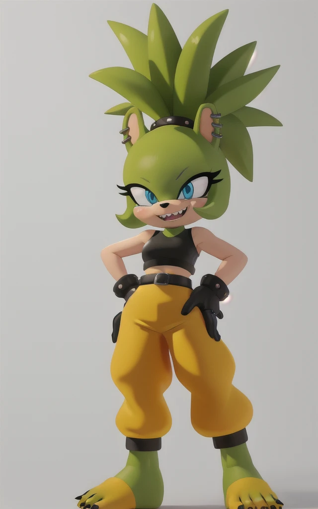 8k,4k,((Best quality, masterpiece, ultra high resolution)),((full body)), by pixelsketcher, SurgeV2,blue eyes, furry,furry female, sharp teeth, animal nose, green hair, ponytail, animal ears, green skin, spiked hair,gloves,white gloves,crop top, black crop top,sweatpants, yellow sweatpants,earrings, piercing, ((Bare feet visible)),((Black nails)) belt, ear piercing, rings,((white background)),standing, hands on hip