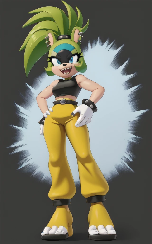 8k,4k,((Best quality, masterpiece, ultra high resolution)),((full body)), by pixelsketcher, SurgeV2,blue eyes, furry,furry female, sharp teeth, animal nose, green hair, ponytail, animal ears, green skin,  spiked hair,gloves,white gloves,crop top, black crop top,sweatpants, yellow sweatpants,earrings, piercing, ((Bare feet visible)),((Black nails)) belt, ear piercing, rings,((white background)),standing, hands on hip