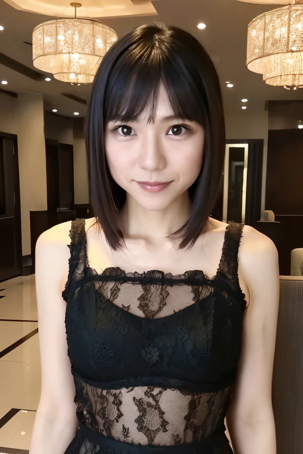 A skinny Japanese woman, {30|40} years old, 1girl, cute face, slight smile, ((detailed face, detailed eyes)), black {short|long} hair, medium breasts, very thin waist, correct human body structure, See-through lace mini dress, standing in a hotel lobby, (full body photo),