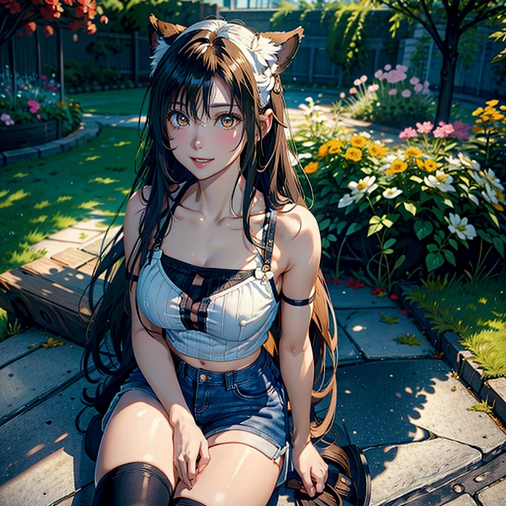 Girl with dog ears and tail, erect ears, honey yellow eyes, Highly detailed eyes, long hair and(( White)) with a small braid on the sides, denim shorts, translucent blouse, whole body, looking up, open mouth smile, big chest, beautiful body, detailed face y con amplia gama de gestos, sitting on a bench around a garden with flowers of various colors, detailed background, detailed face, Play of light and shadows, cinematographic, high quality, 8k, Masterpiece, 