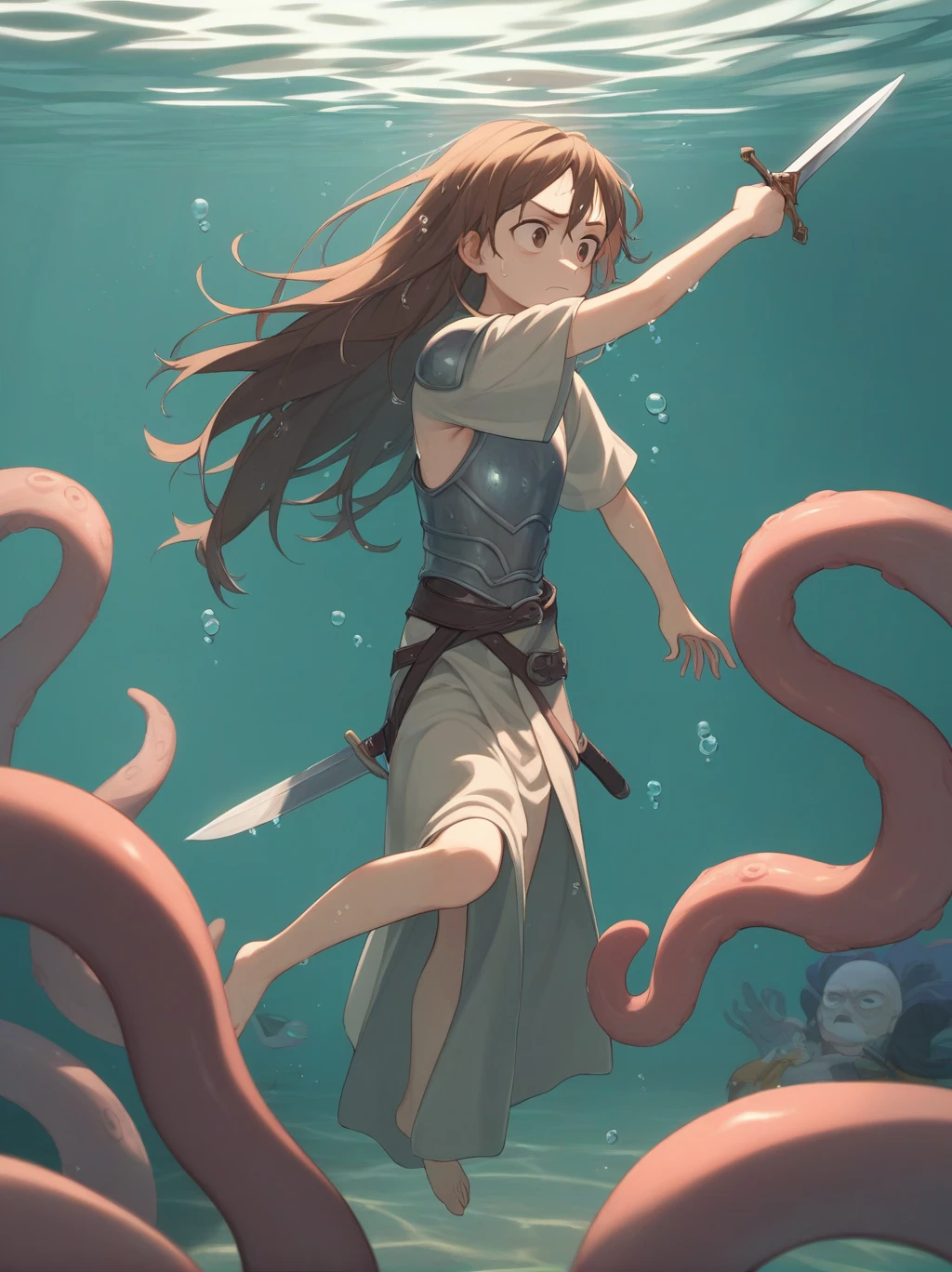 Partially underwater,最high quality,high quality, 4-year-old, , Long Hair, Brown Hair, Wet Hair, Flat Chest,Dark underground labyrinth,No light,Leather armor,Equipped with a dagger and a shield,Face above water,Body in water, Underwater Photography,The robe rolls up due to buoyancy,Painful face、My leg is pulled by tentacles、Being dragged into the water、Go wild