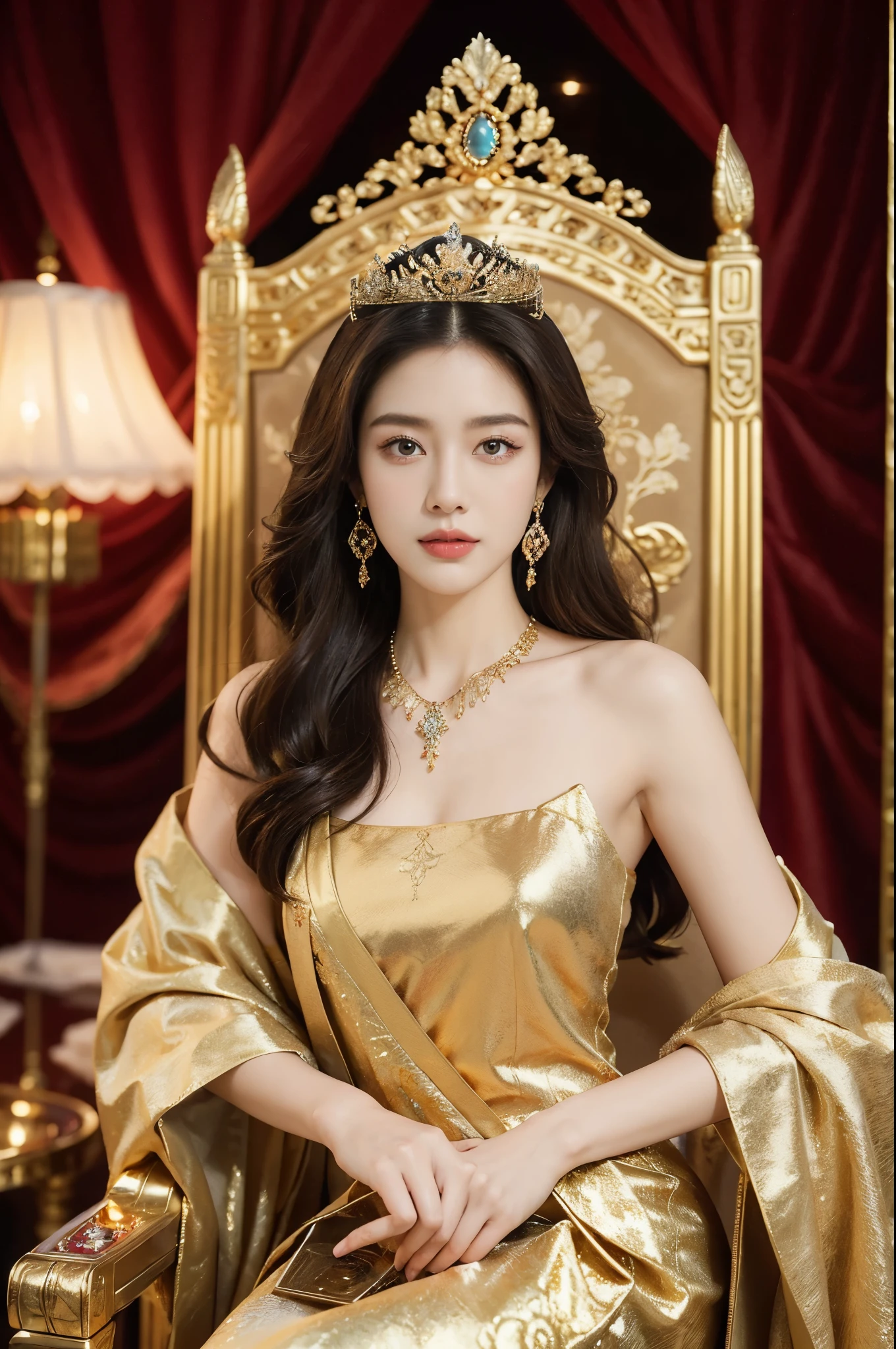 (((best quality))),(((ultra detailed))),(((masterpiece))),illustration,1 girl,solo,slim,thin,shoulder length straight bob hair,earrings,necklace,small breasts,flat chest,Asian appearance,princess,royal,Chinese palace,night scene,magnificent dragon gown,golden crown,intricate embroidery,luxurious fabric,precious stones,(sitting on the metallic throne:1.3),decorative patterns,rich decorations,luxurious furnishings,regal charm,beautiful face,gentle smile,bright eyes,historical,traditional,city lights,modernity,frozen moment,beauty of the past,evolution of time,from front,upper body,hands on thighs