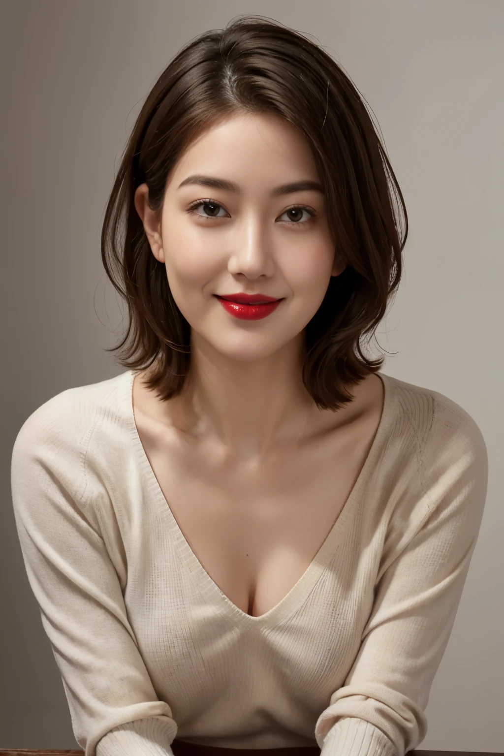Tabletop, Highest quality, Realistic, Very detailed, finely, High resolution, 8k wallpaper, RAW Photos, Professional, High level of detail, 1 Girl, (((Red lips))), (A little chubby), ((Looking into the camera)), (look forward to), Plain gray background, Upper Body, short hair, Bob Hair, (Straight hair), Shapely breasts, Cleavage, Light-colored V-neck light knit sweater