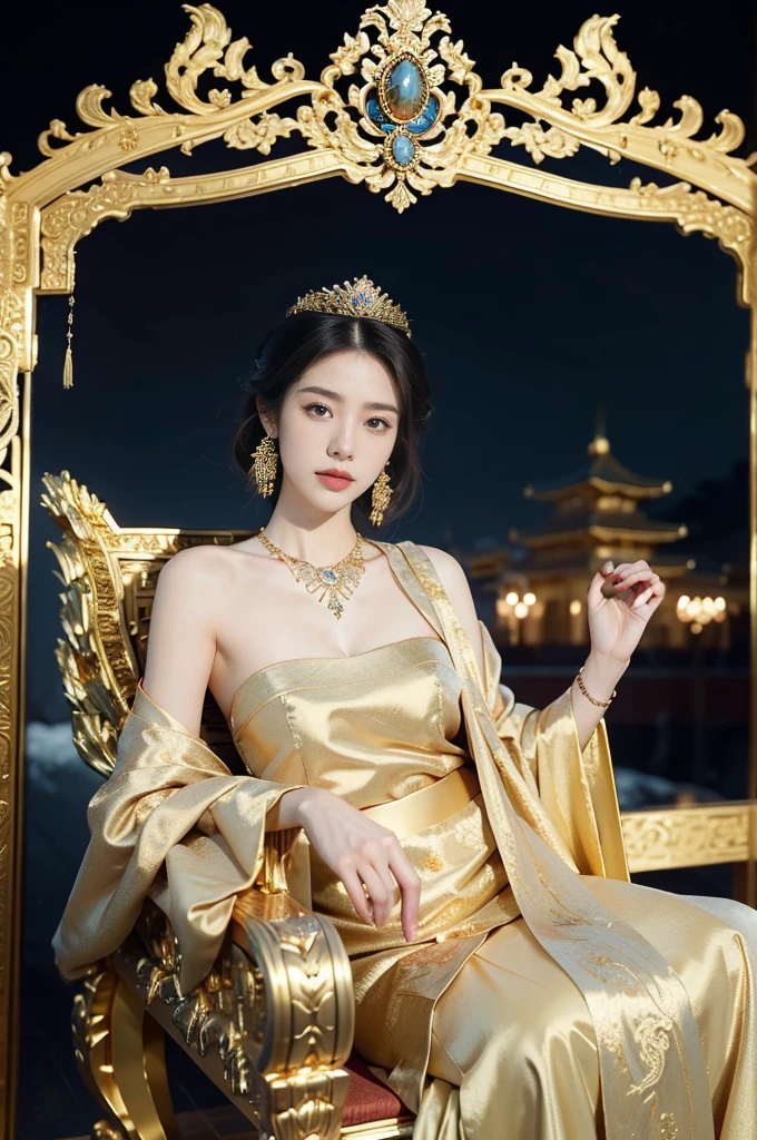 (((best quality))),(((ultra detailed))),(((masterpiece))),illustration,1 girl,solo,slim,thin,shoulder length straight bob hair,earrings,necklace,small breasts,flat chest,Asian appearance,princess,royal,Chinese palace,night scene,magnificent dragon gown,golden crown,intricate embroidery,luxurious fabric,precious stones,(sitting on the metallic throne:1.3),decorative patterns,rich decorations,luxurious furnishings,regal charm,beautiful face,gentle smile,bright eyes,historical,traditional,city lights,modernity,frozen moment,beauty of the past,evolution of time,from front,upper body,hands on thighs