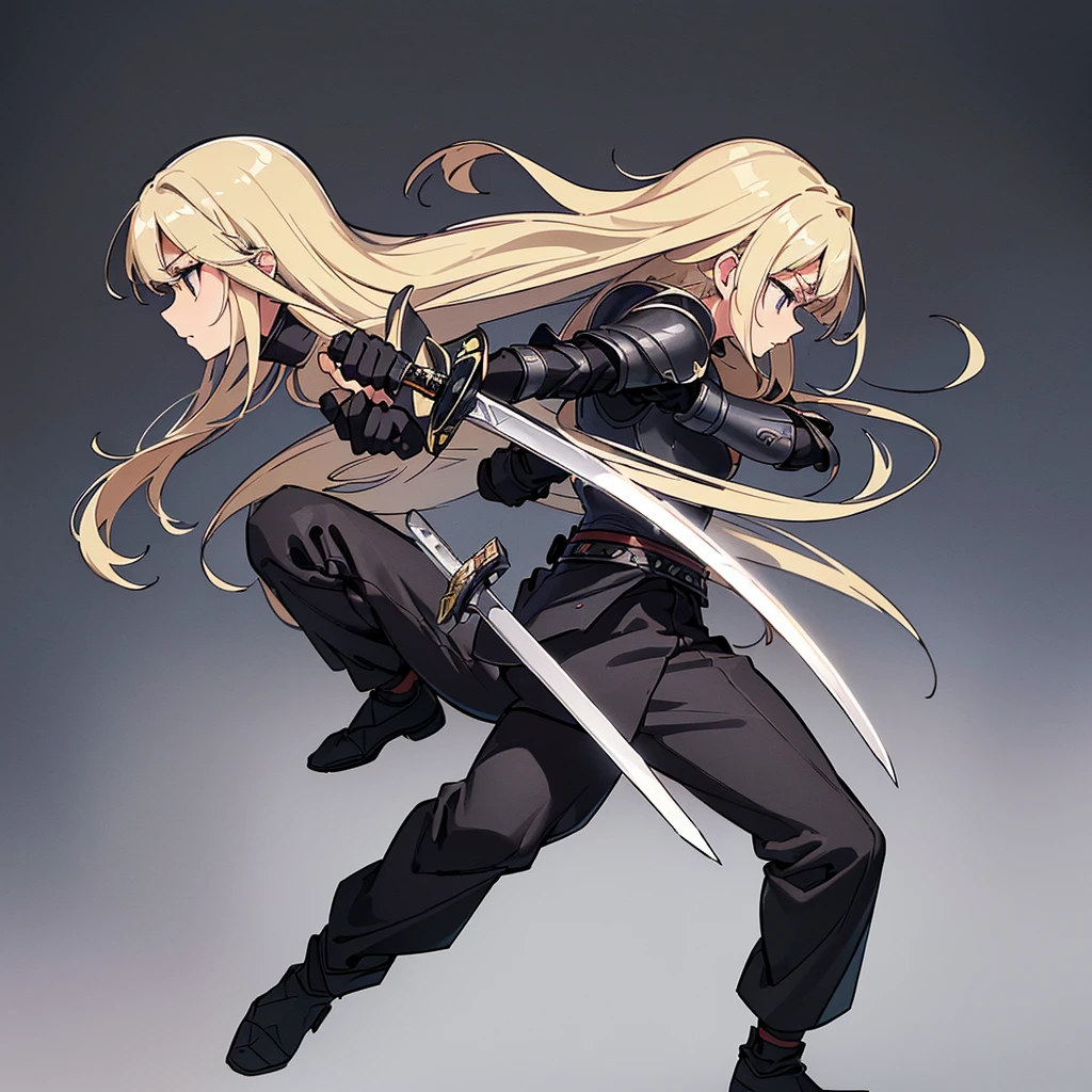 (((Solo)))、Highest quality, Best Quality、8K、Best illustrations、(Full body character concept、detailed)、(((Gray simple armor、Black trousers、Black gloves))、(woman、18-year-old)、(Blonde、Long Hair)、(((Grab the sword)))、(White background)、(Fighting stance,)、Dramatic Angle、(From the side、profile)