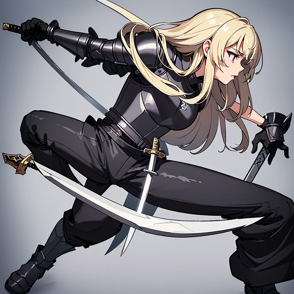 (((Solo)))、Highest quality, Best Quality、8K、Best illustrations、(Full body character concept、detailed)、(((Gray simple armor、Black trousers、Black gloves))、(woman、18-year-old)、(Blonde、Long Hair)、(((Grab the sword)))、(White background)、(Fighting stance,)、Dramatic Angle、(From the side、profile)